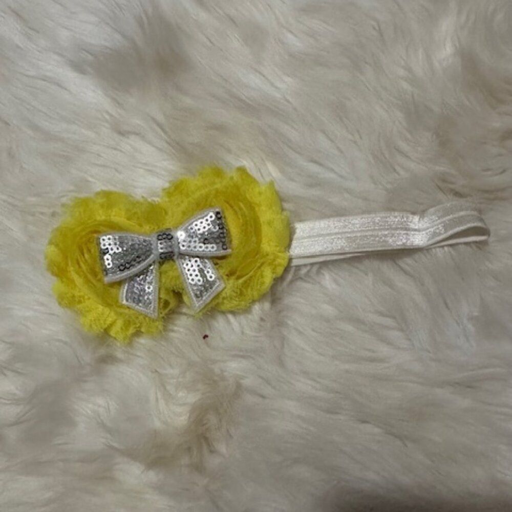 Double Yellow Shabby Flowers with Sequin Bow on FOE Headband  7591  Handmade NWT